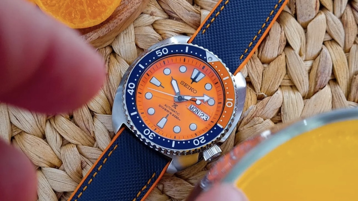 Bracelet Caoutchouc Bleu Couture orange Montre Seiko Diver's 200 m