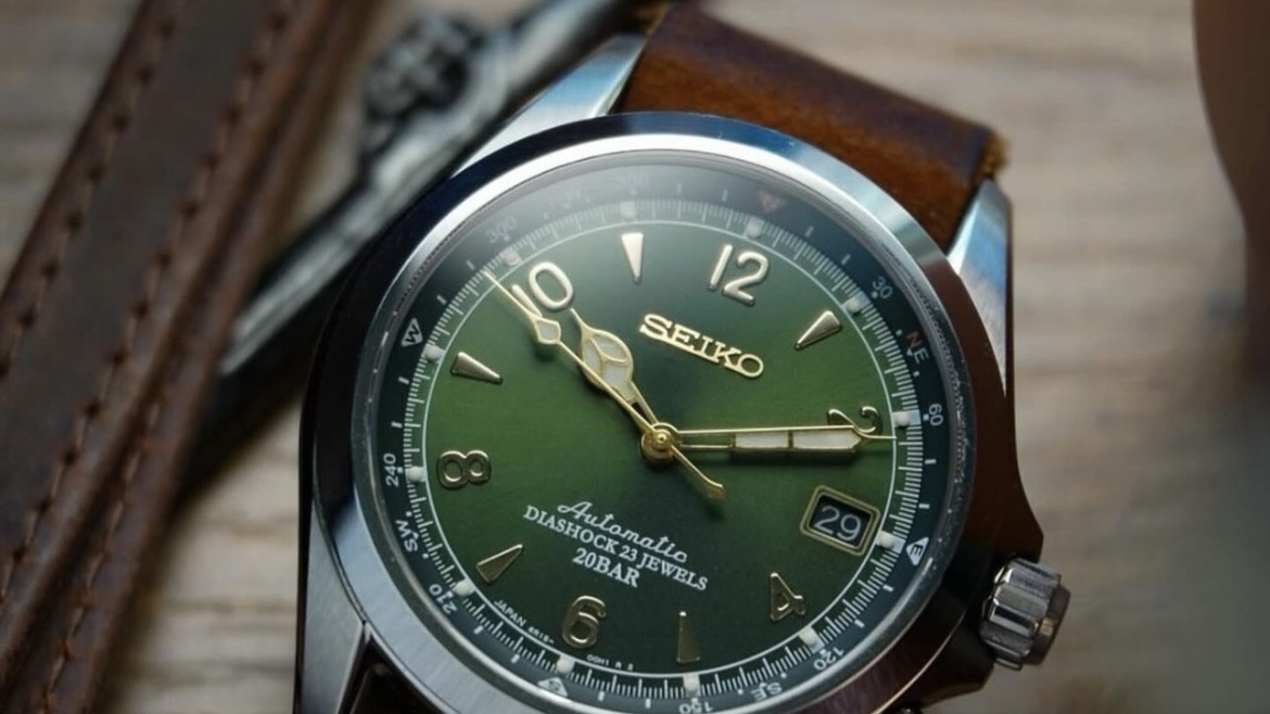 Bracelet Montre Veau Bombe Cognac Seiko Alpinist Cadran Vert